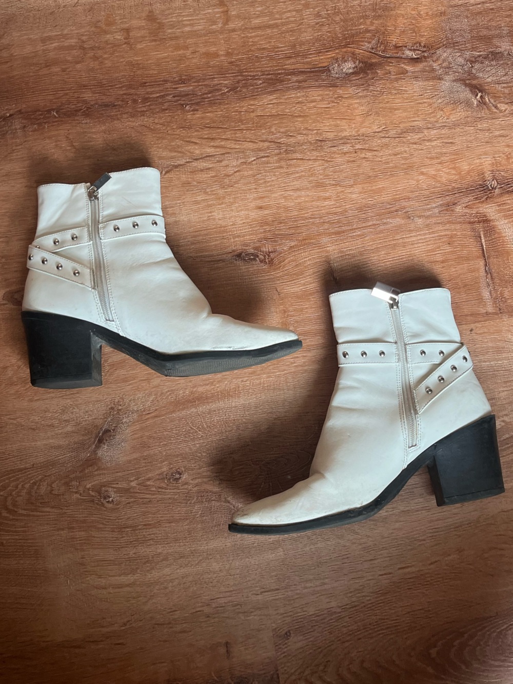 Forever 21 White Studded Block Heel Ankle Boots - Cowgirl boot style